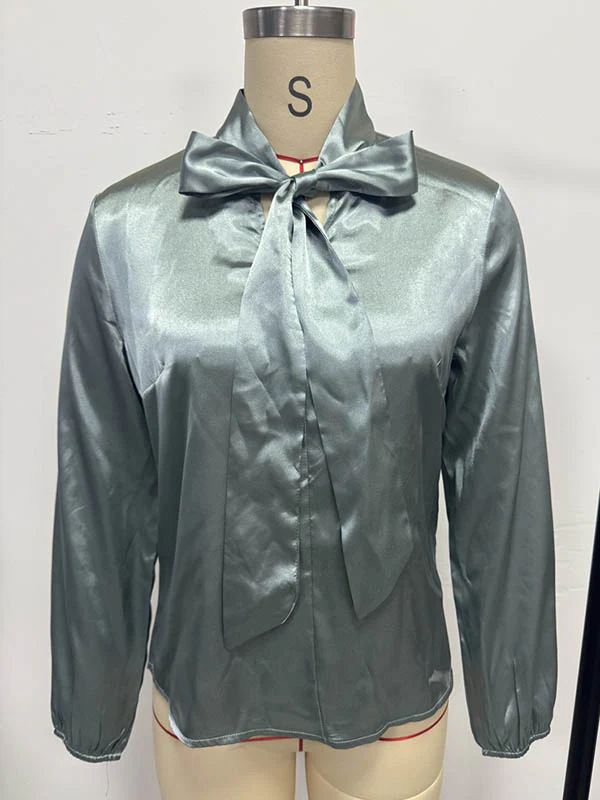 Long Sleeves Loose Bow-Embellished Pleated Solid Color Split-Joint Scarf Collar Blouses&Shirts Tops - Image 13