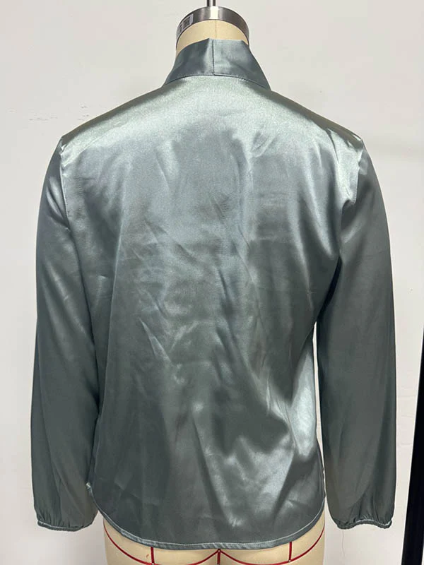 Long Sleeves Loose Bow-Embellished Pleated Solid Color Split-Joint Scarf Collar Blouses&Shirts Tops - Image 14