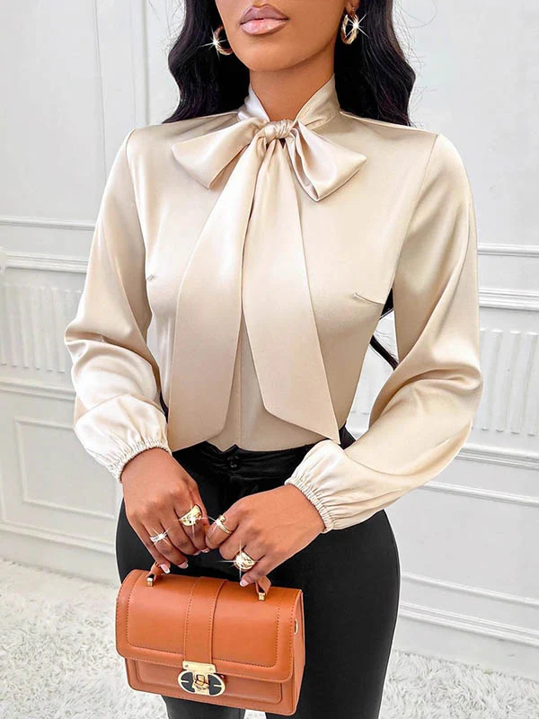 Long Sleeves Loose Bow-Embellished Pleated Solid Color Split-Joint Scarf Collar Blouses&Shirts Tops - Image 17