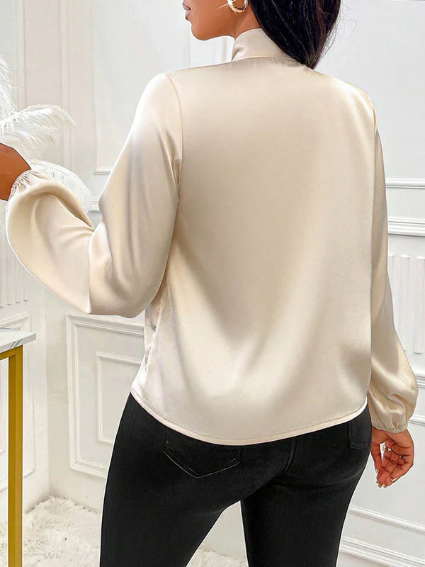 Long Sleeves Loose Bow-Embellished Pleated Solid Color Split-Joint Scarf Collar Blouses&Shirts Tops - Image 19