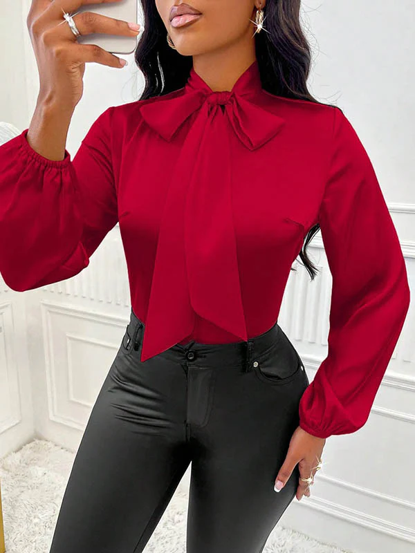 Long Sleeves Loose Bow-Embellished Pleated Solid Color Split-Joint Scarf Collar Blouses&Shirts Tops - Image 2