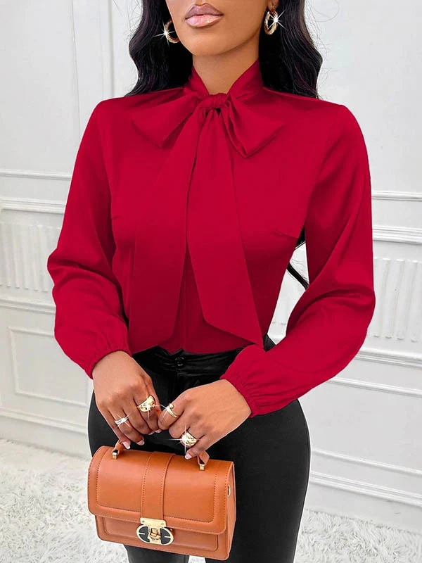 Long Sleeves Loose Bow-Embellished Pleated Solid Color Split-Joint Scarf Collar Blouses&Shirts Tops - Image 3