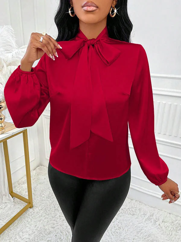 Long Sleeves Loose Bow-Embellished Pleated Solid Color Split-Joint Scarf Collar Blouses&Shirts Tops - Image 4