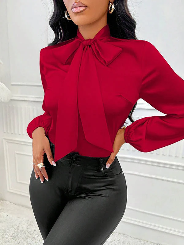 Long Sleeves Loose Bow-Embellished Pleated Solid Color Split-Joint Scarf Collar Blouses&Shirts Tops - Image 5