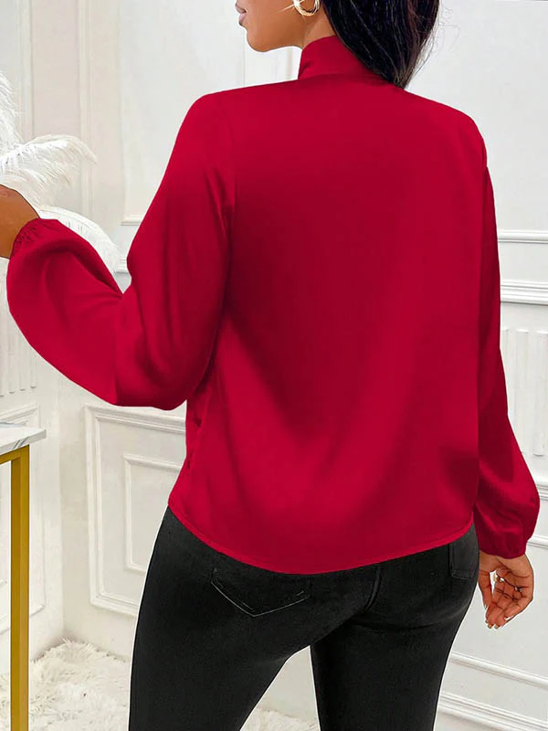 Long Sleeves Loose Bow-Embellished Pleated Solid Color Split-Joint Scarf Collar Blouses&Shirts Tops - Image 6