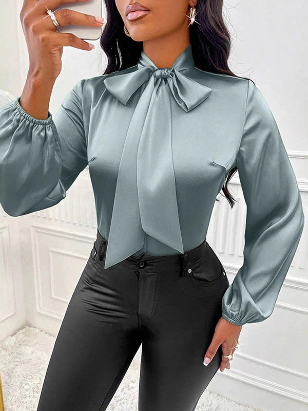 Long Sleeves Loose Bow-Embellished Pleated Solid Color Split-Joint Scarf Collar Blouses&Shirts Tops - Image 7