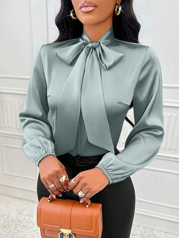 Long Sleeves Loose Bow-Embellished Pleated Solid Color Split-Joint Scarf Collar Blouses&Shirts Tops - Image 8