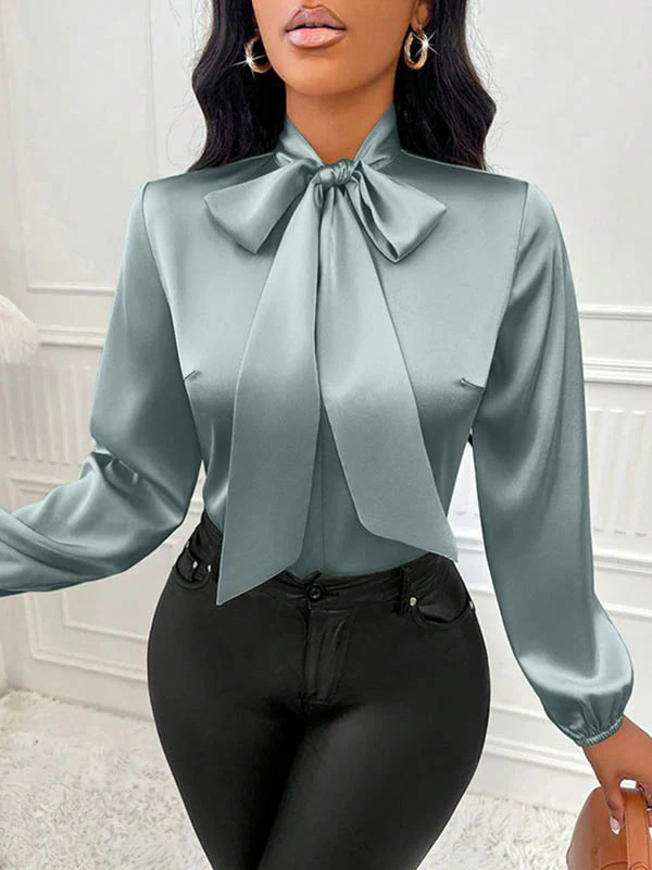 Long Sleeves Loose Bow-Embellished Pleated Solid Color Split-Joint Scarf Collar Blouses&Shirts Tops - Image 9