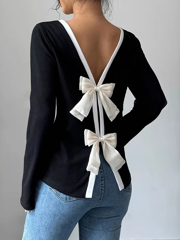 Long Sleeves Loose Bowknot Hollow Split-Back Split-Joint Round-Neck T-Shirts - Image 2