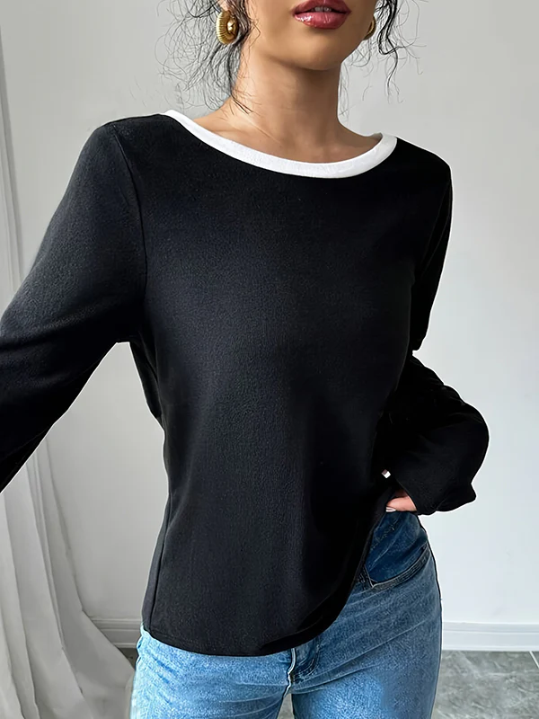 Long Sleeves Loose Bowknot Hollow Split-Back Split-Joint Round-Neck T-Shirts - Image 3