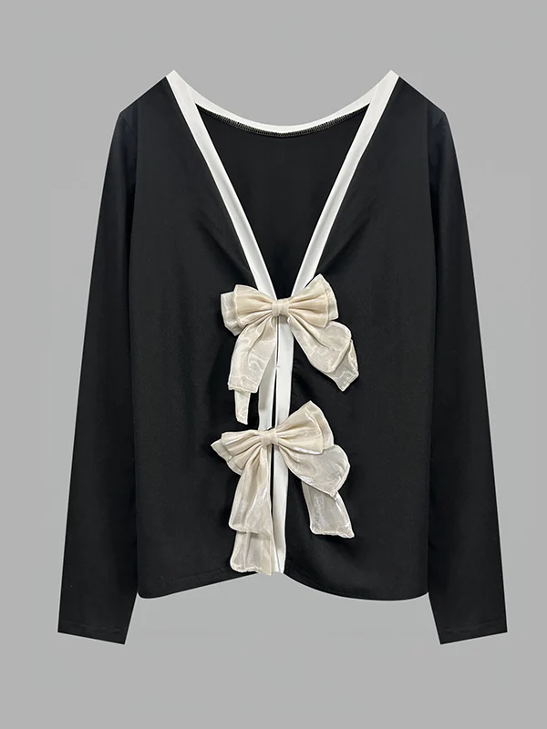 Long Sleeves Loose Bowknot Hollow Split-Back Split-Joint Round-Neck T-Shirts - Image 5