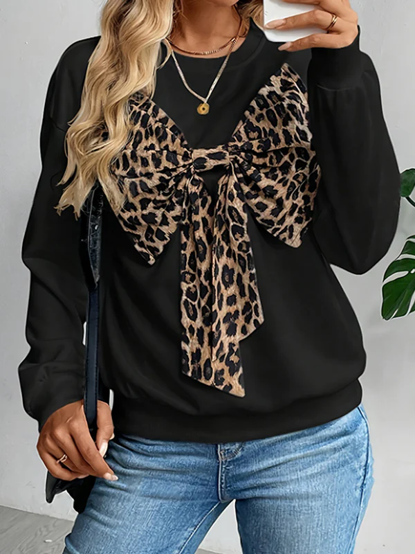 Long Sleeves Loose Bowknot Leopard Round-Neck Sweatshirt Tops - Image 2
