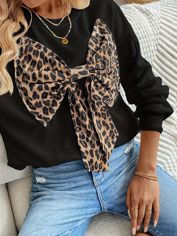 Long Sleeves Loose Bowknot Leopard Round-Neck Sweatshirt Tops - Image 4