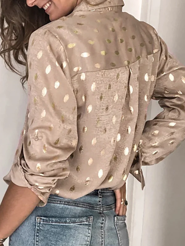 Long Sleeves Loose Bronzing Buttoned Lapel Blouses&Shirts Tops - Image 4