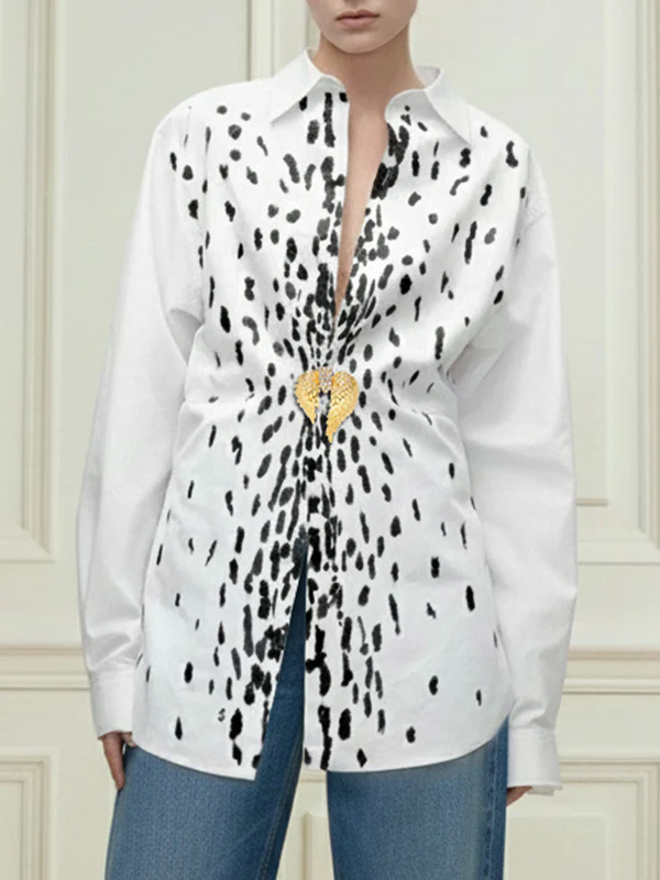 Long Sleeves Loose Brooch Elasticity Heart Shape Pleated Print Lapel Collar Blouses&Shirts Tops - Image 2