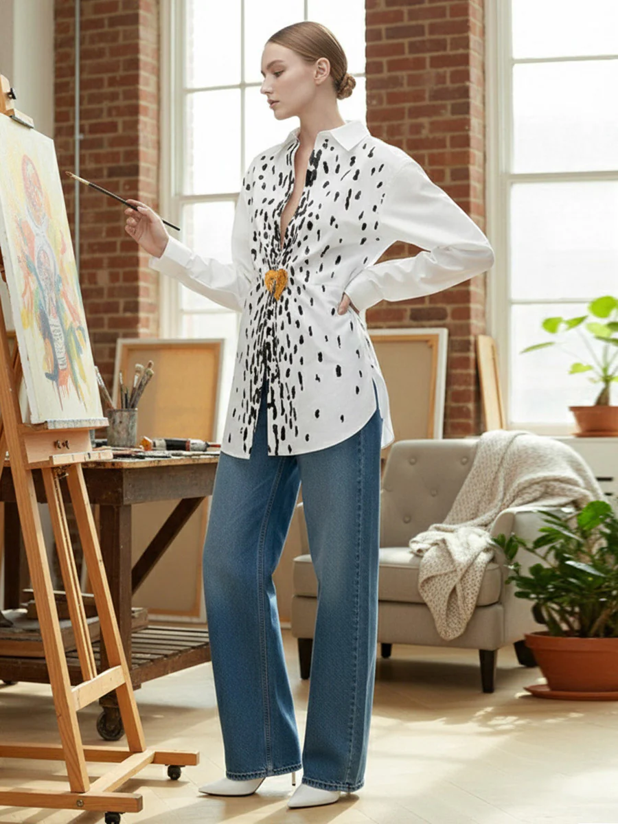 Long Sleeves Loose Brooch Elasticity Heart Shape Pleated Print Lapel Collar Blouses&Shirts Tops - Image 3
