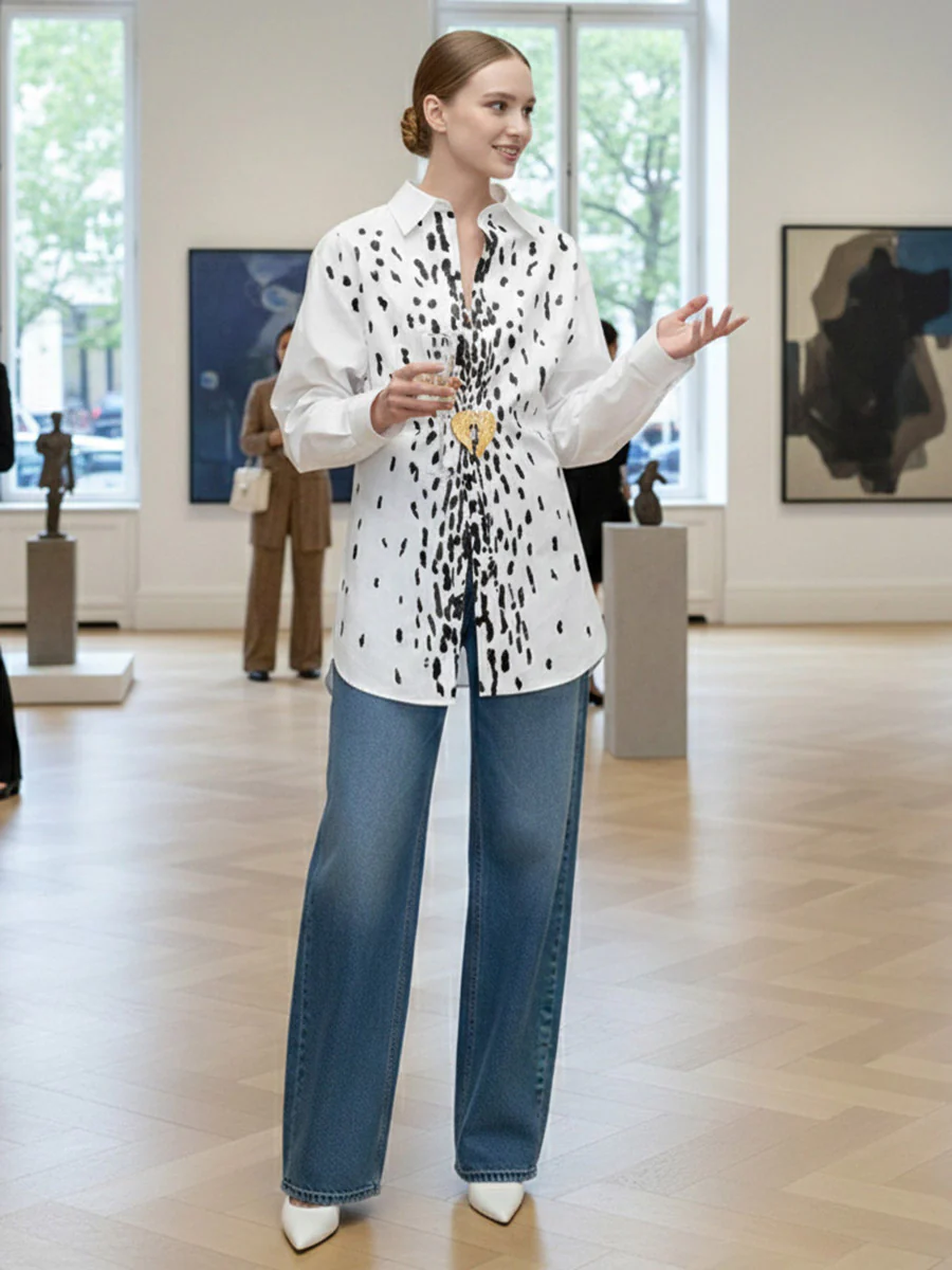 Long Sleeves Loose Brooch Elasticity Heart Shape Pleated Print Lapel Collar Blouses&Shirts Tops - Image 4