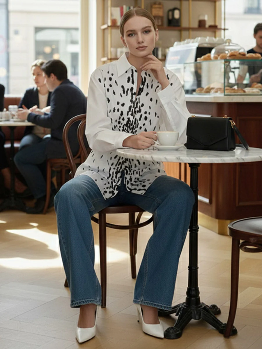 Long Sleeves Loose Brooch Elasticity Heart Shape Pleated Print Lapel Collar Blouses&Shirts Tops - Image 5