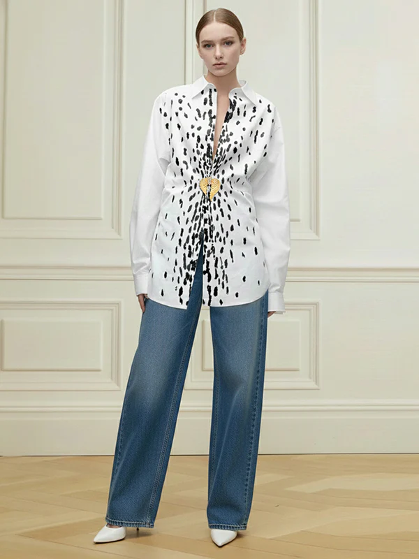 Long Sleeves Loose Brooch Elasticity Heart Shape Pleated Print Lapel Collar Blouses&Shirts Tops - Image 6