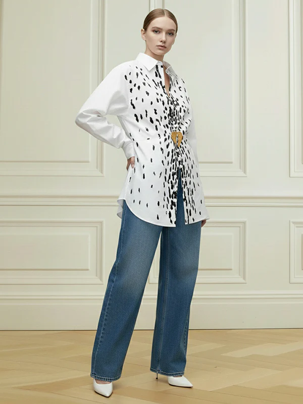 Long Sleeves Loose Brooch Elasticity Heart Shape Pleated Print Lapel Collar Blouses&Shirts Tops - Image 7
