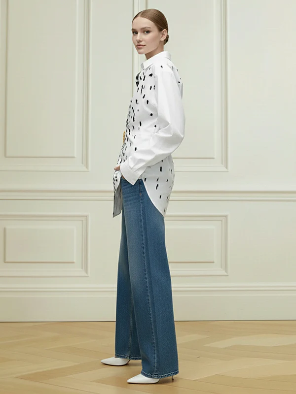 Long Sleeves Loose Brooch Elasticity Heart Shape Pleated Print Lapel Collar Blouses&Shirts Tops - Image 8