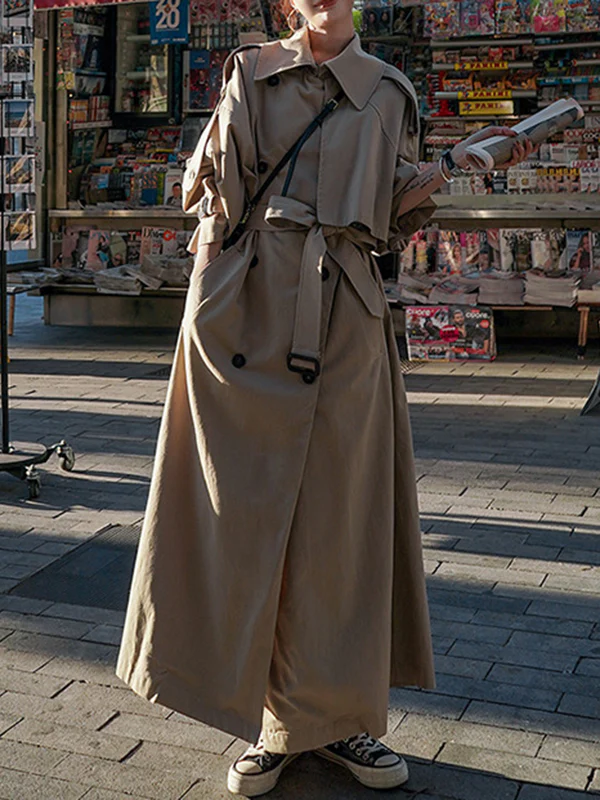 Long Sleeves Loose Buckle Buttoned Split-Back Tied Waist Lapel Outerwear Trench Coats - Image 10