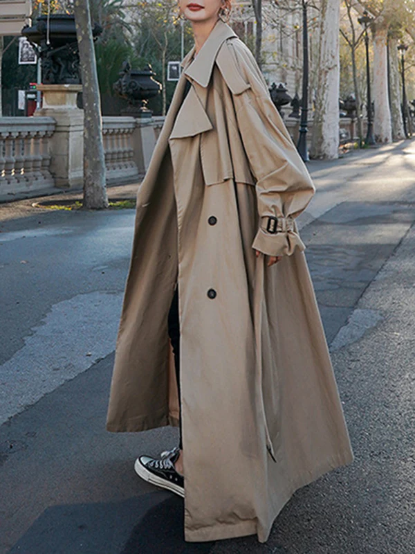 Long Sleeves Loose Buckle Buttoned Split-Back Tied Waist Lapel Outerwear Trench Coats - Image 11