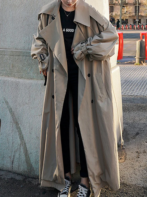 Long Sleeves Loose Buckle Buttoned Split-Back Tied Waist Lapel Outerwear Trench Coats - Image 12