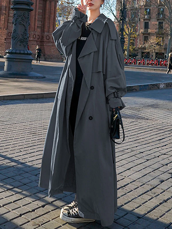 Long Sleeves Loose Buckle Buttoned Split-Back Tied Waist Lapel Outerwear Trench Coats - Image 13