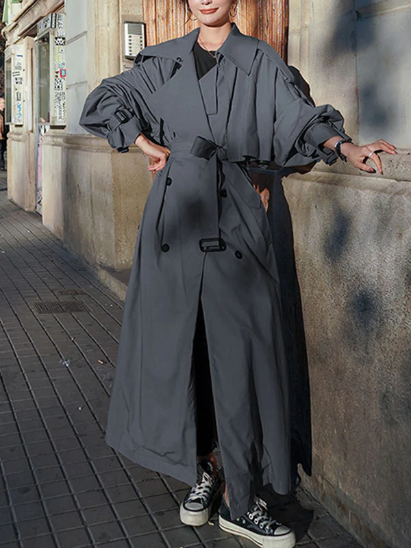 Long Sleeves Loose Buckle Buttoned Split-Back Tied Waist Lapel Outerwear Trench Coats - Image 14