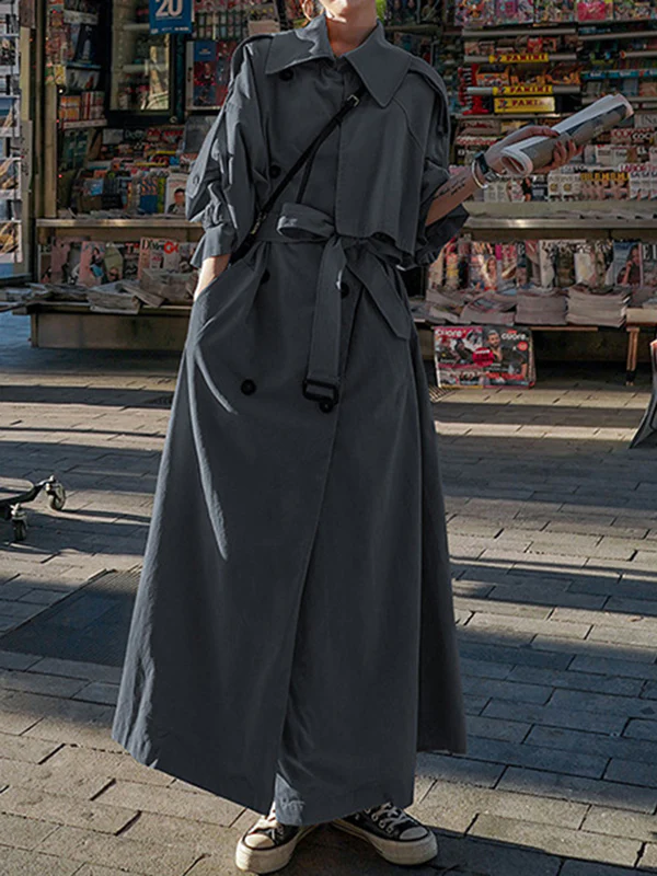 Long Sleeves Loose Buckle Buttoned Split-Back Tied Waist Lapel Outerwear Trench Coats - Image 15