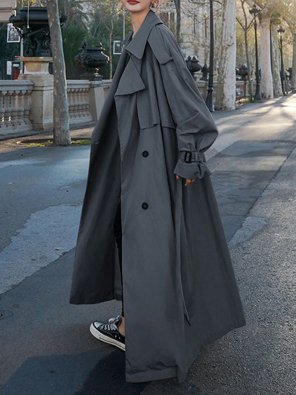Long Sleeves Loose Buckle Buttoned Split-Back Tied Waist Lapel Outerwear Trench Coats - Image 16