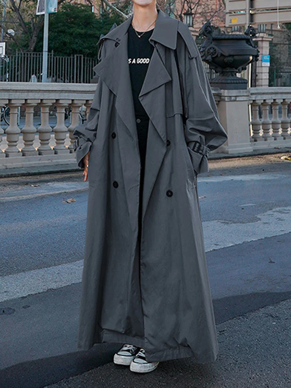 Long Sleeves Loose Buckle Buttoned Split-Back Tied Waist Lapel Outerwear Trench Coats - Image 17