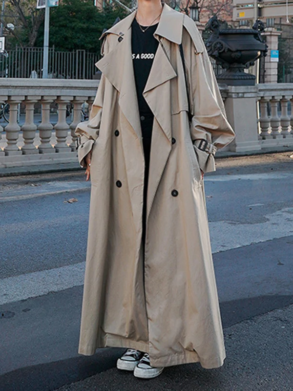 Long Sleeves Loose Buckle Buttoned Split-Back Tied Waist Lapel Outerwear Trench Coats - Image 2