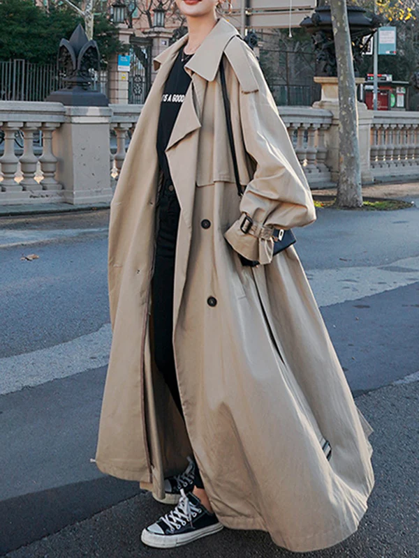 Long Sleeves Loose Buckle Buttoned Split-Back Tied Waist Lapel Outerwear Trench Coats - Image 3