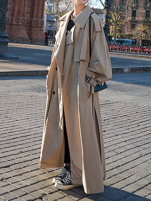 Long Sleeves Loose Buckle Buttoned Split-Back Tied Waist Lapel Outerwear Trench Coats - Image 4