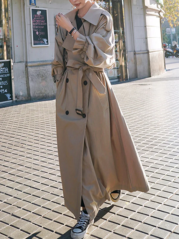 Long Sleeves Loose Buckle Buttoned Split-Back Tied Waist Lapel Outerwear Trench Coats - Image 5