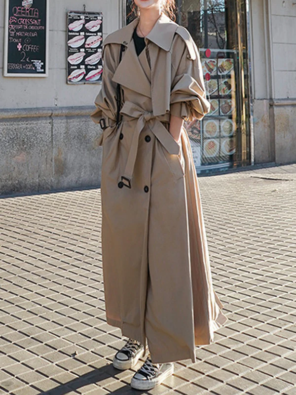 Long Sleeves Loose Buckle Buttoned Split-Back Tied Waist Lapel Outerwear Trench Coats - Image 6