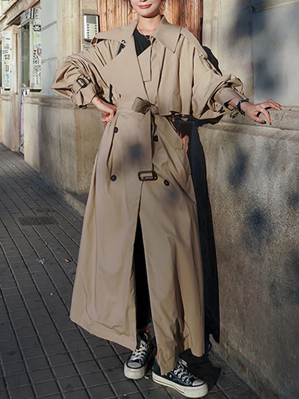 Long Sleeves Loose Buckle Buttoned Split-Back Tied Waist Lapel Outerwear Trench Coats - Image 7