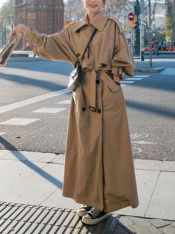 Long Sleeves Loose Buckle Buttoned Split-Back Tied Waist Lapel Outerwear Trench Coats - Image 8
