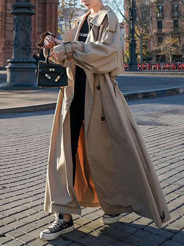 Long Sleeves Loose Buckle Buttoned Split-Back Tied Waist Lapel Outerwear Trench Coats - Image 9