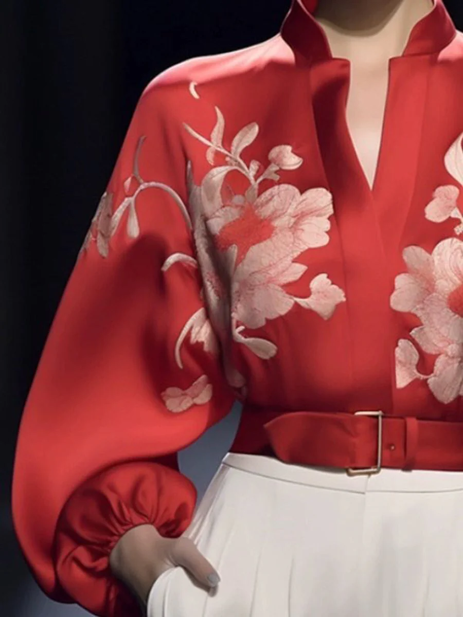 Long Sleeves Loose Buckle Elasticity Flower Print Stand Collar Blouses&Shirts Tops - Image 2