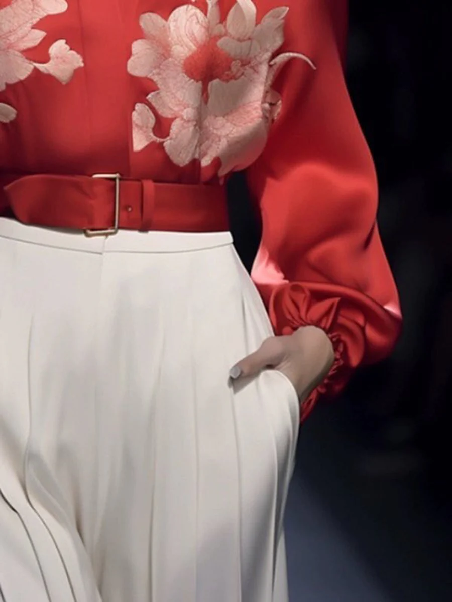 Long Sleeves Loose Buckle Elasticity Flower Print Stand Collar Blouses&Shirts Tops - Image 3