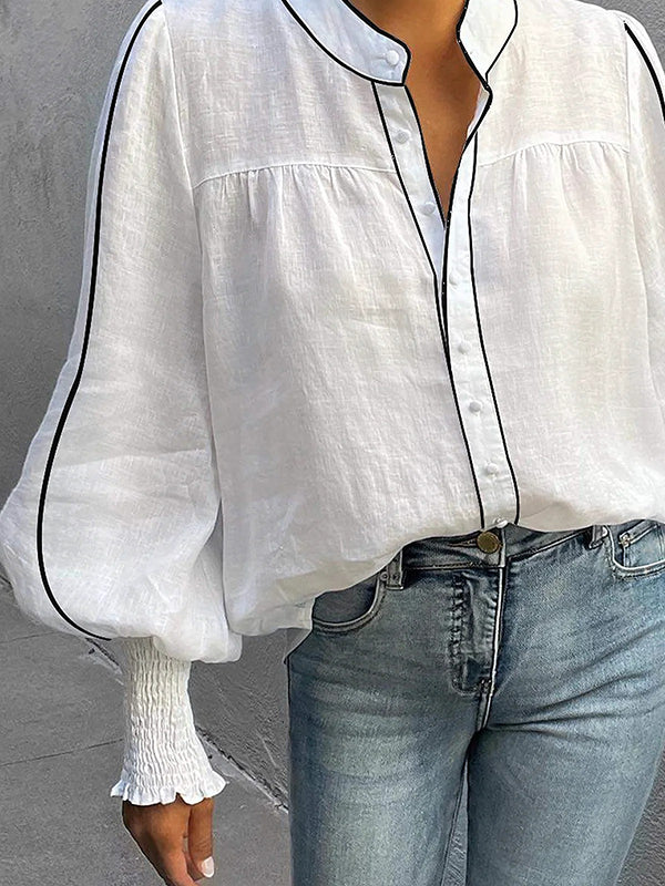 Long Sleeves Loose Buttoned Contrast Color Elasticity Split-Joint Round-Neck Blouses&Shirts Tops - Image 2