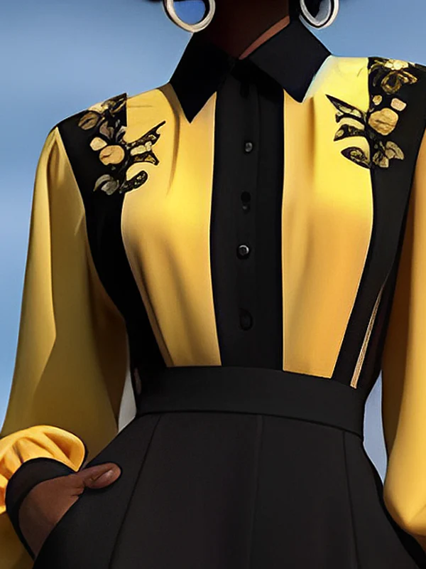 Long Sleeves Loose Buttoned Contrast Color Flower Print Split-Joint Lapel Blouses&Shirts Tops - Image 2
