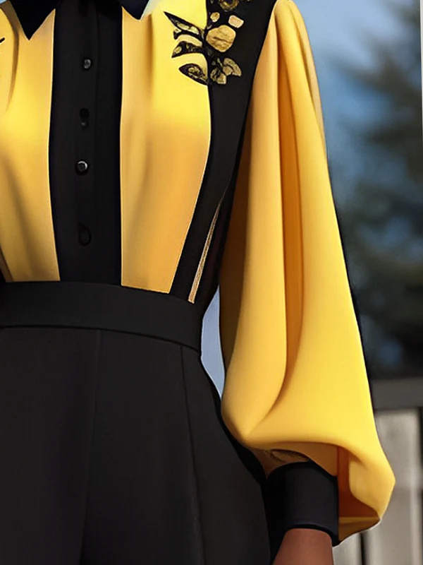 Long Sleeves Loose Buttoned Contrast Color Flower Print Split-Joint Lapel Blouses&Shirts Tops - Image 3