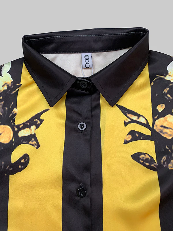 Long Sleeves Loose Buttoned Contrast Color Flower Print Split-Joint Lapel Blouses&Shirts Tops - Image 4