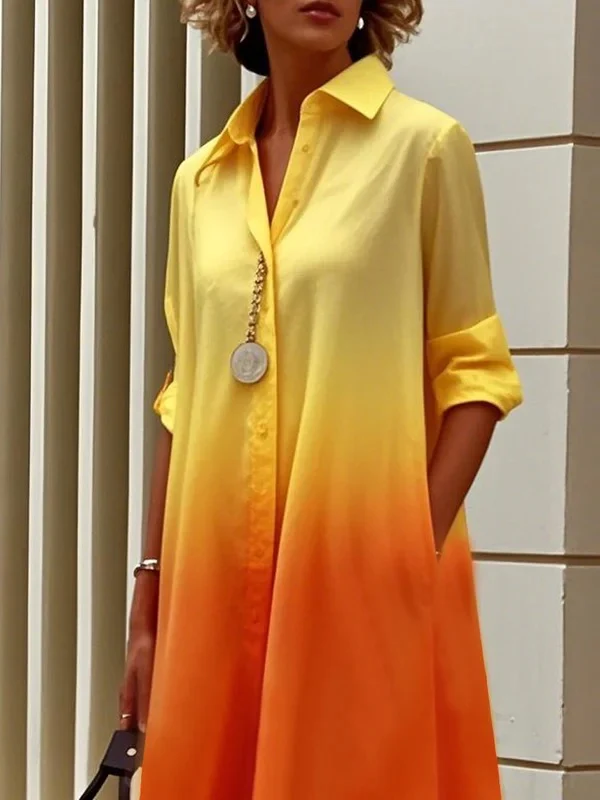 Long Sleeves Loose Buttoned Contrast Color Gradient Lapel Midi Dresses Shirt Dress - Image 2