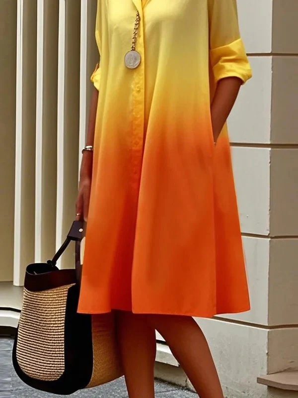 Long Sleeves Loose Buttoned Contrast Color Gradient Lapel Midi Dresses Shirt Dress - Image 3