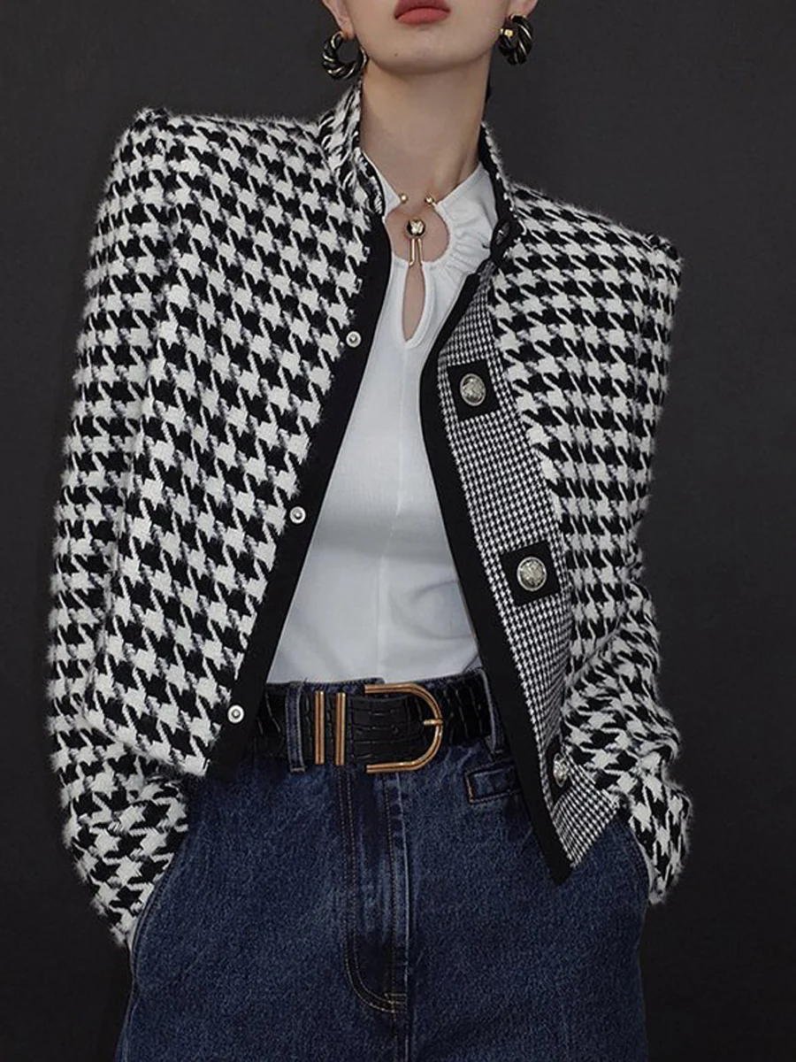Long Sleeves Loose Buttoned Contrast Color Houndstooth Printed Stand Collar Jackets Outerwear - Image 2